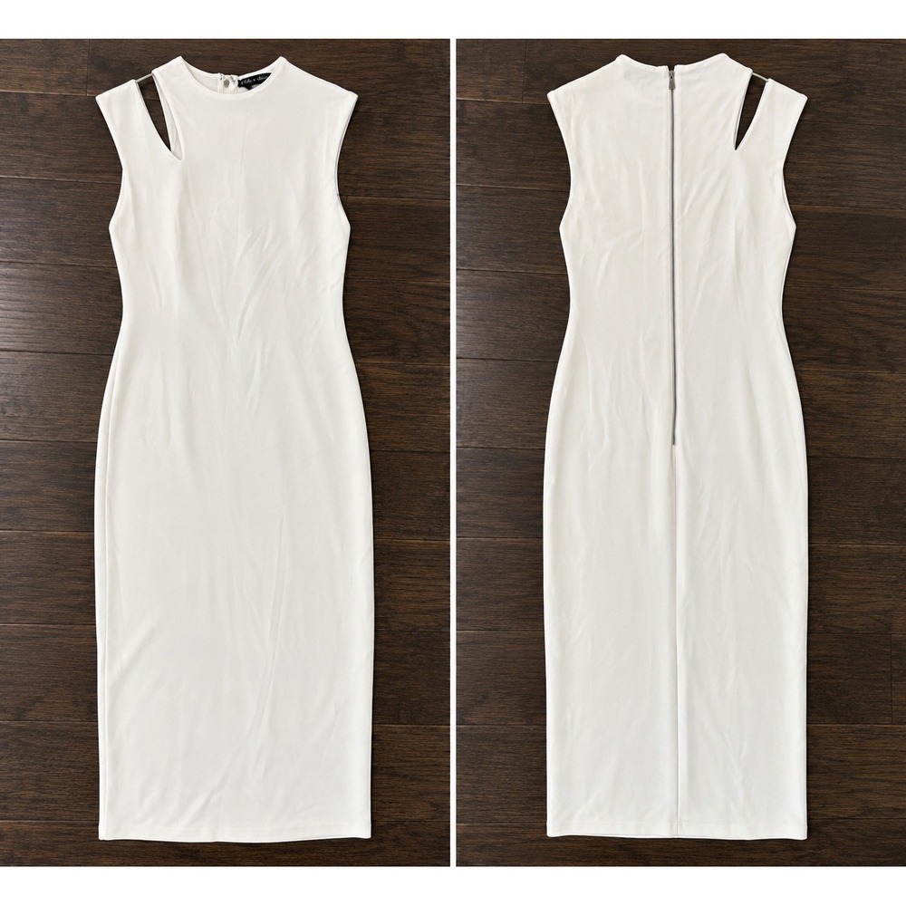 Alice + Olivia Delora Dress 8 White Asymmetric Cutout Sheath Midi NWT $285